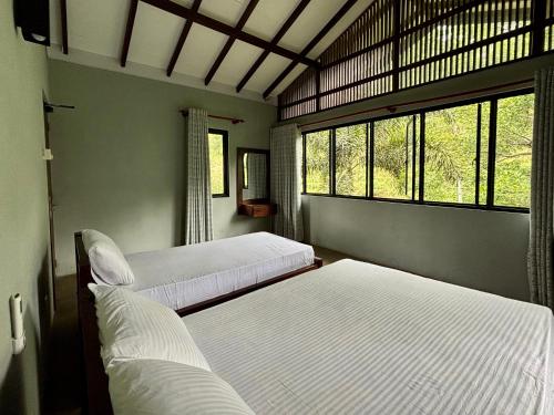 two beds in a room with two windows at Willow's Abode in Kandy