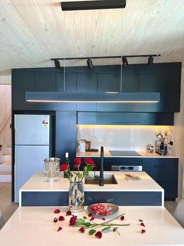a kitchen with blue cabinets and red flowers on a table at World Class Villa Manly Beach HarbourView Sauna Private Beach in Sydney