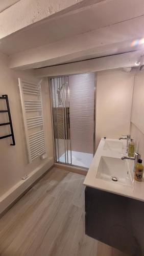 a bathroom with a sink and a large window at La Mélodie des champs, appartement mitoyen de 80 m2 dans une maison avec un autre appartement in Guérard