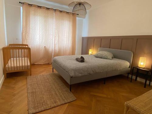 une chambre avec un lit sur lequel est allongé un chat dans l'établissement Charismatique Orangerie-10min Parlement EU-WiFi-TV, à Strasbourg