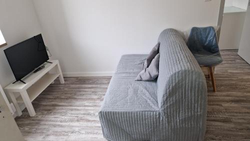 un salon avec un canapé et une télévision dans l'établissement Appartement DMV, à Longaulnay