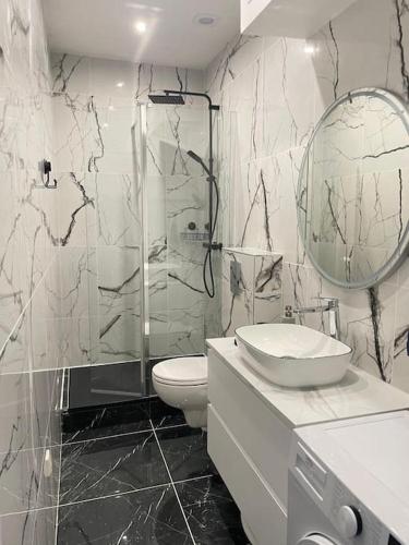 une salle de bain avec une douche, des toilettes et un lavabo dans l'établissement New appartement charmant et lumineux, à Paris