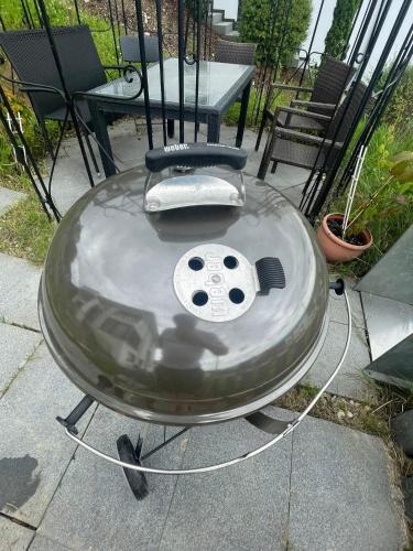 a wheelbarrow with a hair dryer on a patio at Vogesenblick in Bad Bellingen