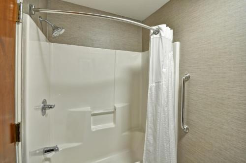 a shower with a white shower curtain in a bathroom at Holiday Inn Express Romulus / Detroit Airport by IHG in Romulus