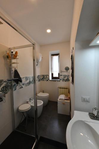a bathroom with a shower and a toilet and a sink at B&B Tredomus in Tresnuraghes