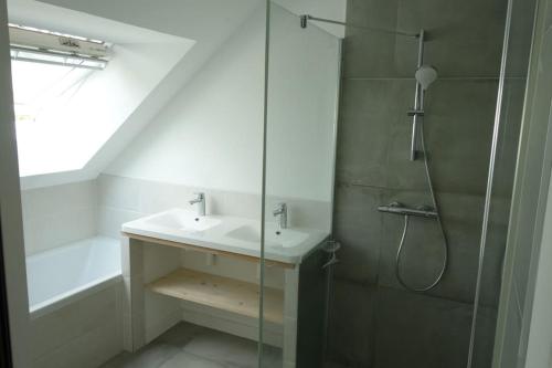 une salle de bain avec un lavabo et une douche en verre dans l'établissement Carnac au calme, en pleine foret à 400 m d'un bras de mer, à Carnac
