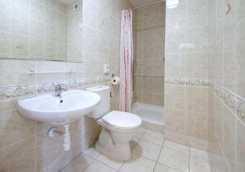 a bathroom with a toilet and a sink and a tub at Horský hotel Žižkova bouda in Pec pod Sněžkou