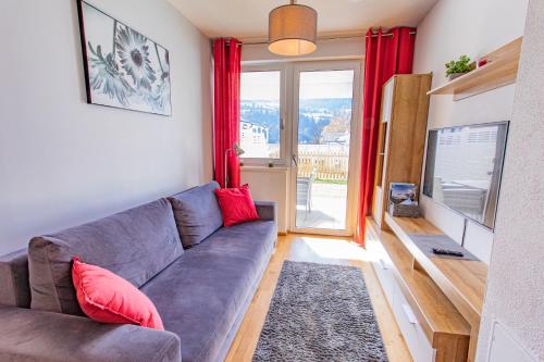 a living room with a gray couch and red pillows at Sunny Aich by Alpenidyll Apartments in Aich
