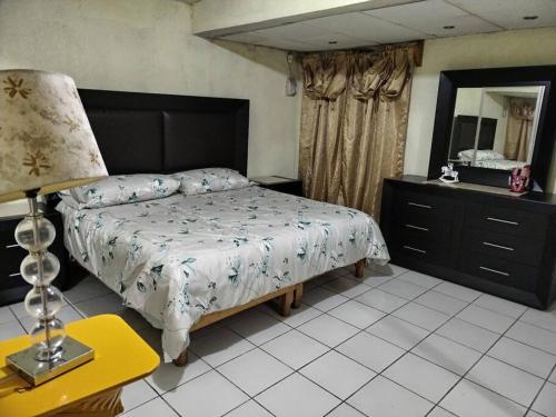 a bedroom with a bed and a lamp and a mirror at Confortable vivienda entera La Casa Amarilla in Durango