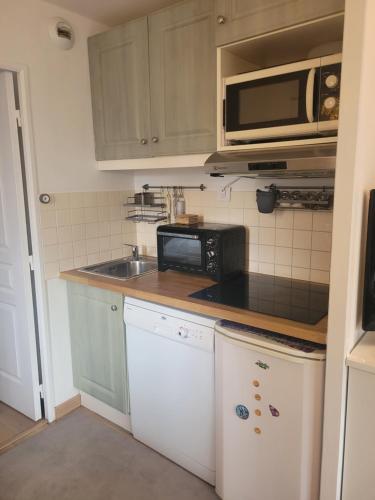 una cocina con fregadero y microondas en 2 pièces avec terrasse et vue sur les pistes, en Isola 2000