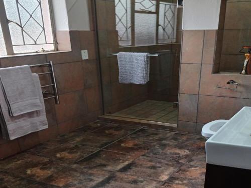 a bathroom with a shower and a sink at Blue Sky Manor in Roodekrans