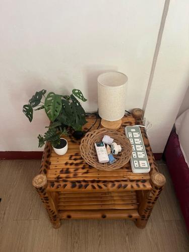 a coffee table with remote controls and a plant on it at Sunnyside Moalboal - 써니사이드 모알보알 게스트 하우스 in Moalboal
