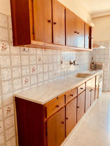a kitchen with wooden cabinets and a sink at Alexiou Studios in Loutra Edipsou