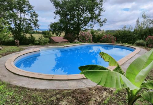 - une piscine dans une cour avec une usine dans l'établissement Cambes la Douce - Maison de vacances à la campagne, à Cambes