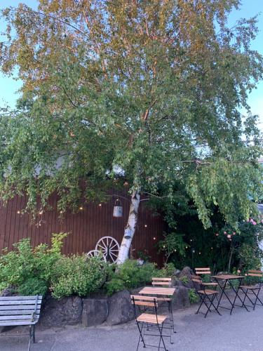 a tree with tables and chairs next to a fence at Cottage Village 宿り木荘 in Oga