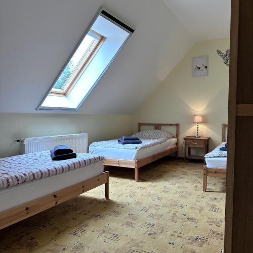 a attic bedroom with two beds and a window at Landferienwohnung 1 Danneborth in Danneborth