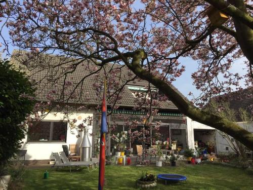a house with a flowering tree in the yard at 1 A Loft 5 Pers Familie 100qm Terrasse Düsselkdorf Köln in Kaarst