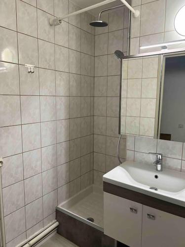 une salle de bain avec une baignoire, un lavabo et un miroir dans l'établissement Studio centre Saint-Louis Gare Tramway Bus, à Saint-Louis