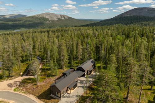an aerial view of a house in the middle of a forest at Villa Kuusi by HiYlläs in Äkäslompolo