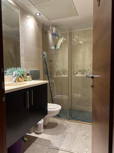 a bathroom with a shower and a toilet and a glass door at מיני סוויטה לה פלמורה in Eilat