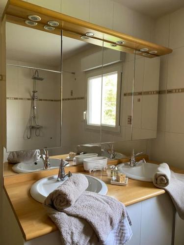 une salle de bain avec deux lavabos et un grand miroir dans l'établissement Villa Bleu Bassin & Spa - Bassin d Arcachon, au Teich