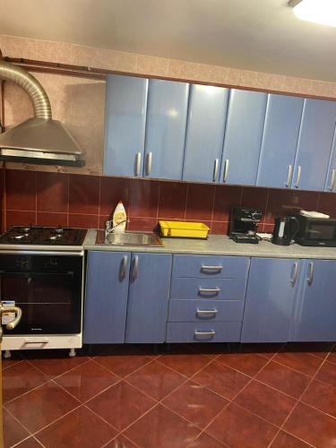 a kitchen with blue cabinets and a sink and a stove at Casa Jeni in Suceava