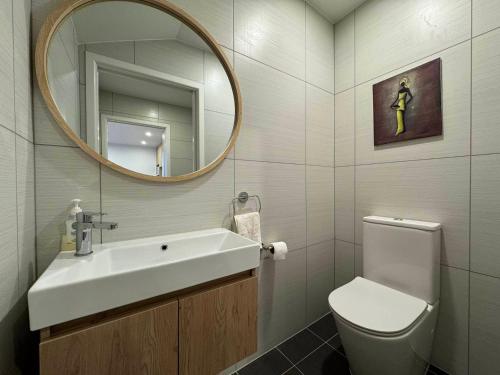 a bathroom with a sink and a toilet and a mirror at NO PARTY ALLOWED, Entire Brand New 3 bedroom townhouse, free unlimited fibre wifi and free parking in Wellington