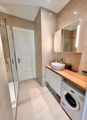 une salle de bain avec une machine à laver et un lavabo dans l'établissement R'Apparts T3 Le Prestige Grenoblois, à Grenoble