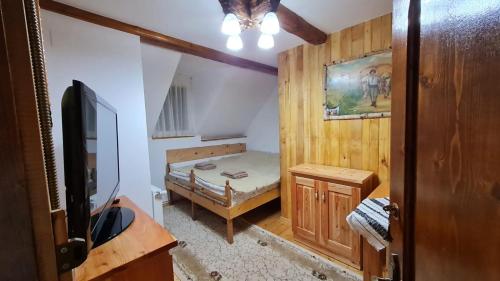 a small room with a small bed and a tv at Carla Maria House in Lotrioara