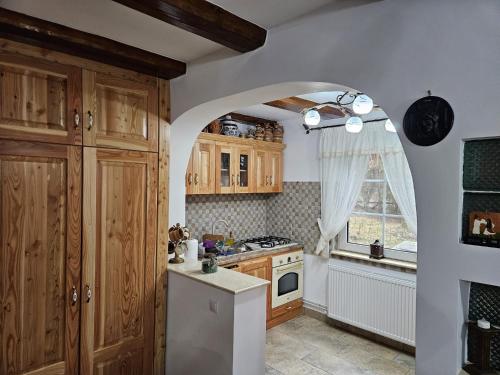 LotrioaraにあるCarla Maria Houseのキッチン(木製キャビネット、窓、コンロ付)