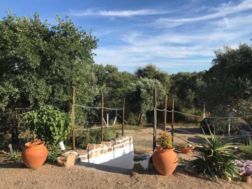 a garden with potted plants and a fence at Casa das Mouriscas in Casalão