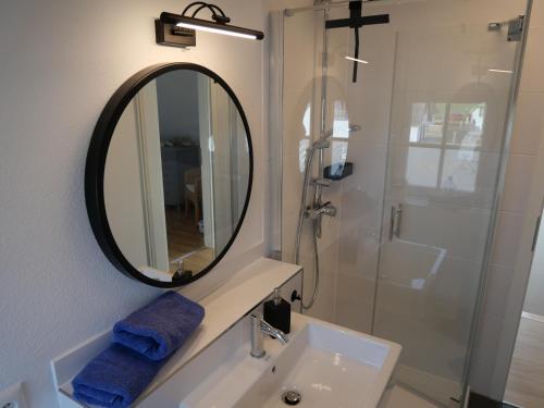 a bathroom with a mirror and a sink and a shower at neben Wismar FH"FaJuKa" Strandnah mit Wallbox in Zierow