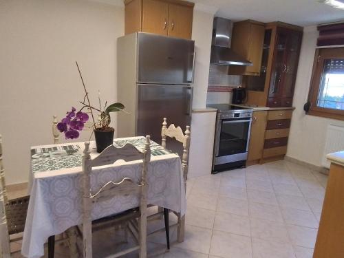 a kitchen with a table and a stainless steel refrigerator at Ανετο σπίτι κοντά στη θάλασσα in Vrontados