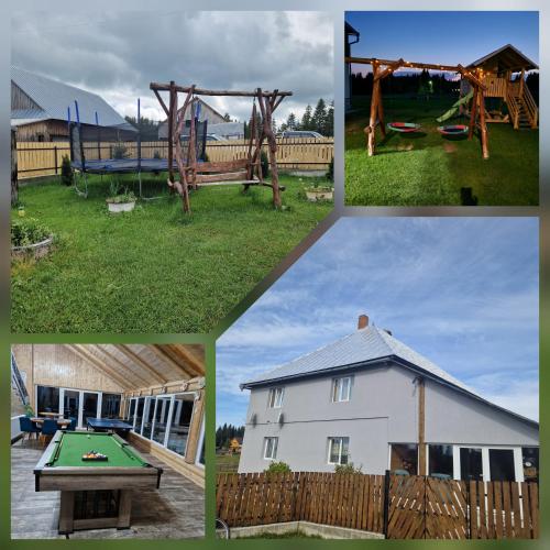 a collage of four pictures of a house and a play yard at Casa Gemenelor in Cluj-Napoca