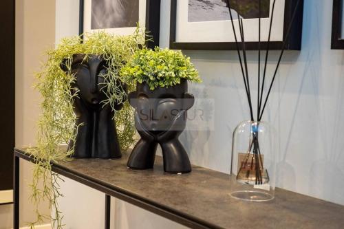 two black vases with green plants on a counter at El Bosque Del Puerto in Gijón