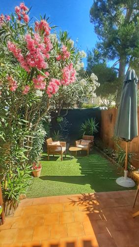un jardin avec des fleurs roses et un parapluie dans l'établissement Studio Le Kokonati, à La Ciotat