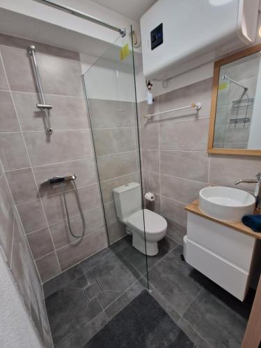 une salle de bain avec une douche, des toilettes et un lavabo dans l'établissement Virage au sud, au Barcarès
