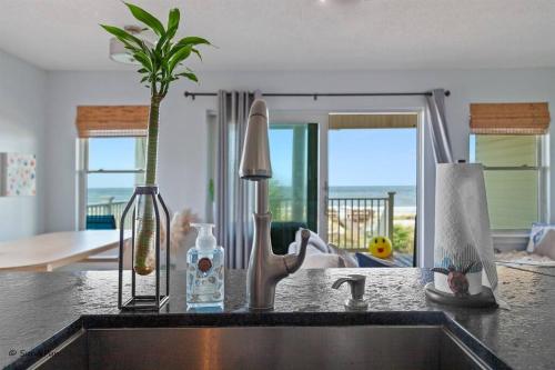 a kitchen counter with a sink with a plant on it at Sun&Fun - Oceanfront, Quiet beach, Arcade games in Indian Pass