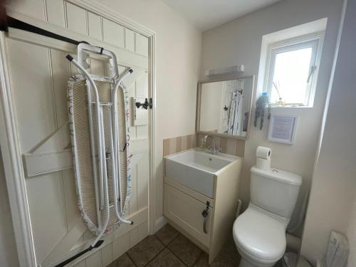 a bathroom with a toilet and a sink at Cosy Cotswold Lodge by Your Home Here - SUMMER SALE for 3 PLUS NIGHTS - ideal for families with log-burner, spa, private parking, EV recharging and heated swimming pools in Ashton Keynes