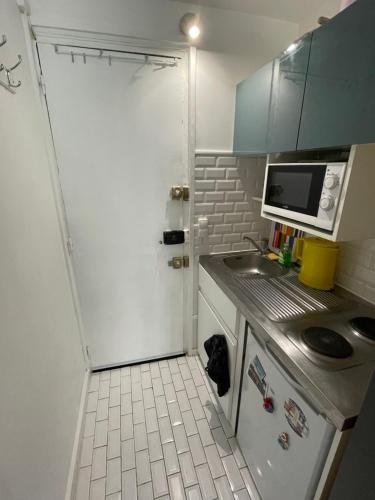 une petite cuisine avec un évier et un micro-ondes dans l'établissement Studio lumineux Batignolles, à Paris