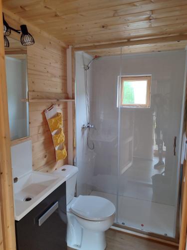 a bathroom with a shower and a toilet and a sink at BUNGALOWS MARTINA in Coó