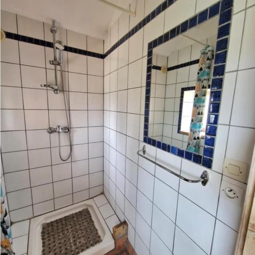 a white tiled bathroom with a shower and a mirror at Hameau de capuran in Blaziert