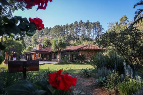 a house with a yard with red flowers at Matusadona Guest Lodge in Hillcrest