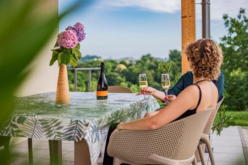 a woman sitting at a table with glasses of wine at Wellness Počitniška hiša Manja in Ljutomer