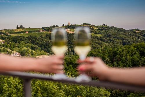 two glasses of wine being held up in front of a hill at Wellness Počitniška hiša Manja in Ljutomer
