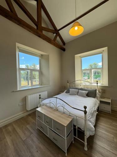 a bedroom with a white bed and two windows at Railway Cottage in Cork