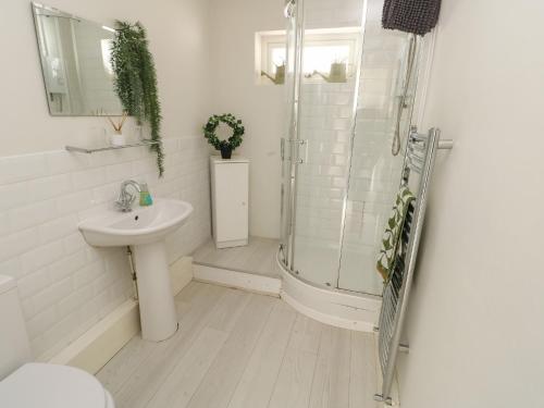 Un baño blanco con ducha y lavabo. en Sunset Sands, en Conwy