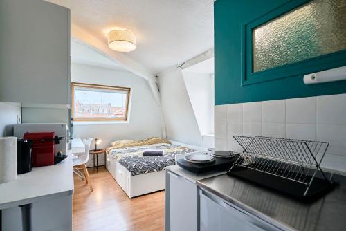 une pièce avec une cuisine et un salon dans l'établissement Lille Centre, Studio Idéal, à Lille