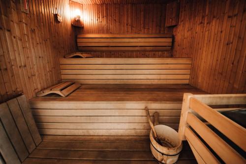 a inside of a sauna with two beds in it at Hotel Korkyra in Vela Luka