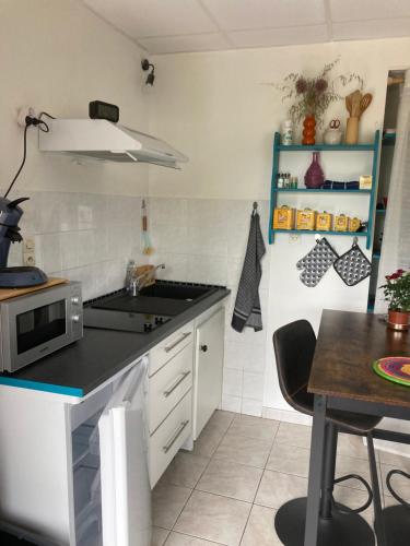 une cuisine avec un évier et un plan de travail dans l'établissement Chez Stella 1 pièce canapé lit deux personnes, Cuisine, SDB séparée, à Caylus